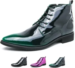Men's Patent Leather Dress Oxfords Boots Fashion Pointed Toe Lace Up Side Zipper Shiny Ankle Boots Classic Luxury High Top Business Formal Derby Shoes