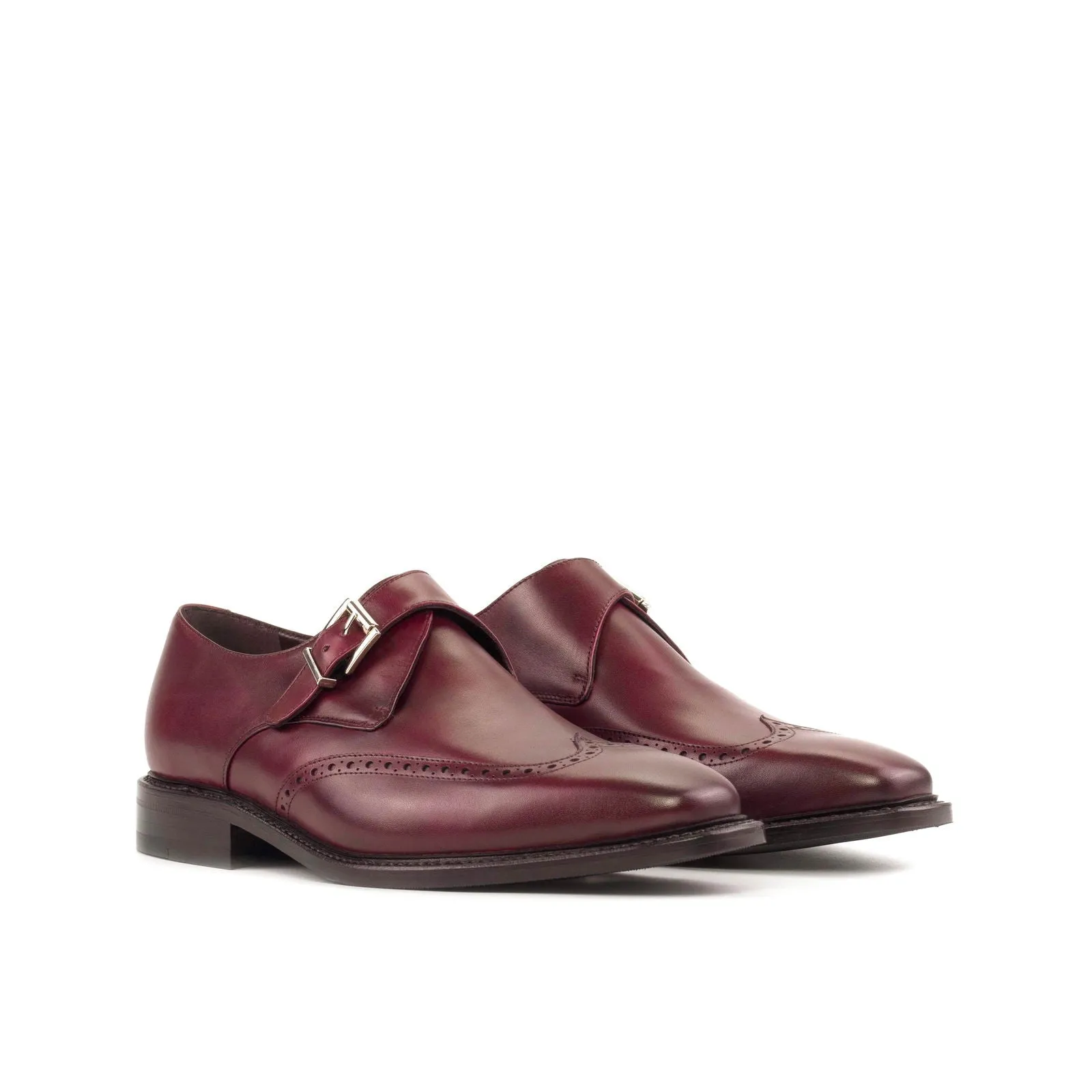 Men's Single Monk Leather Shoes Goodyear Welt Wide Plus Size Burgundy 5591