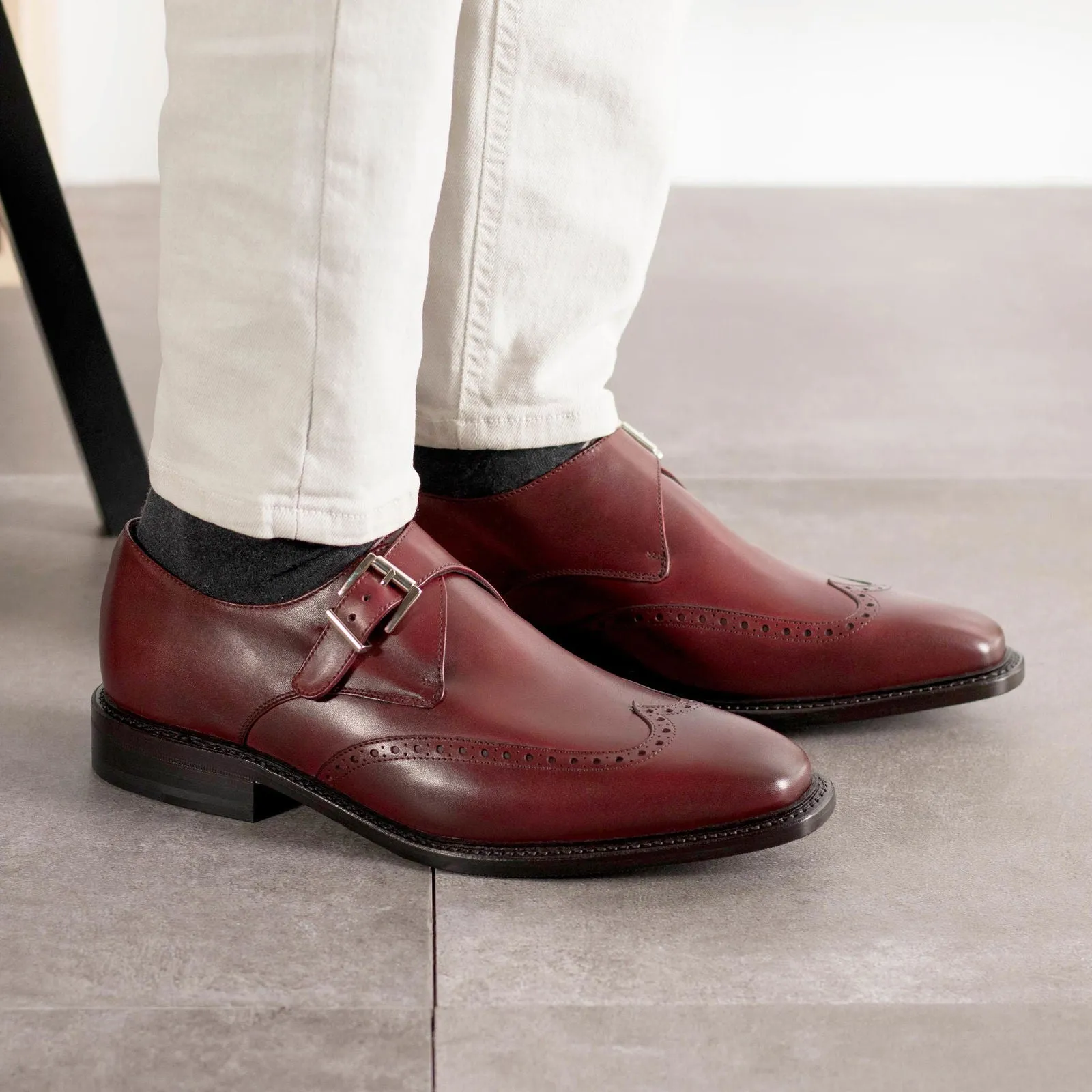 Men's Single Monk Leather Shoes Goodyear Welt Wide Plus Size Burgundy 5591