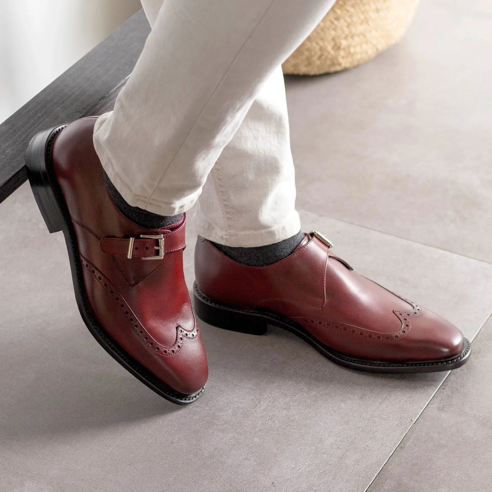 Men's Single Monk Leather Shoes Goodyear Welt Wide Plus Size Burgundy 5591
