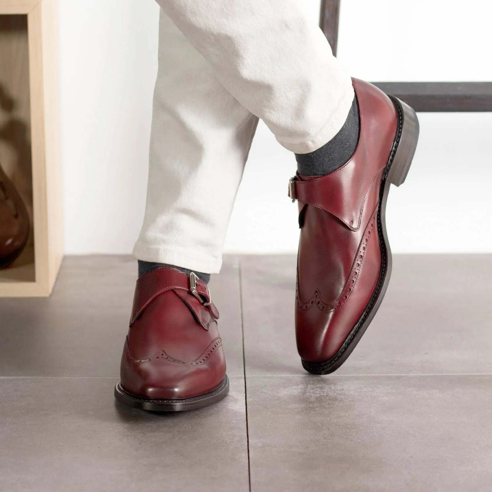 Men's Single Monk Leather Shoes Goodyear Welt Wide Plus Size Burgundy 5591