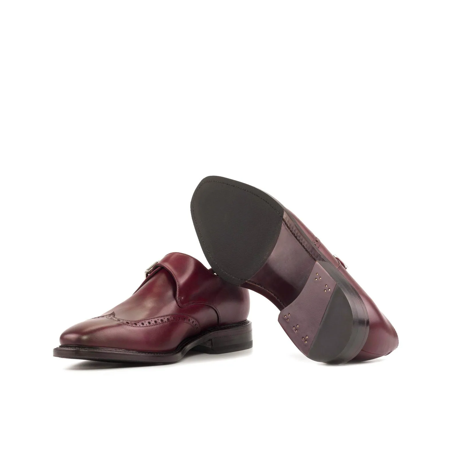 Men's Single Monk Leather Shoes Goodyear Welt Wide Plus Size Burgundy 5591