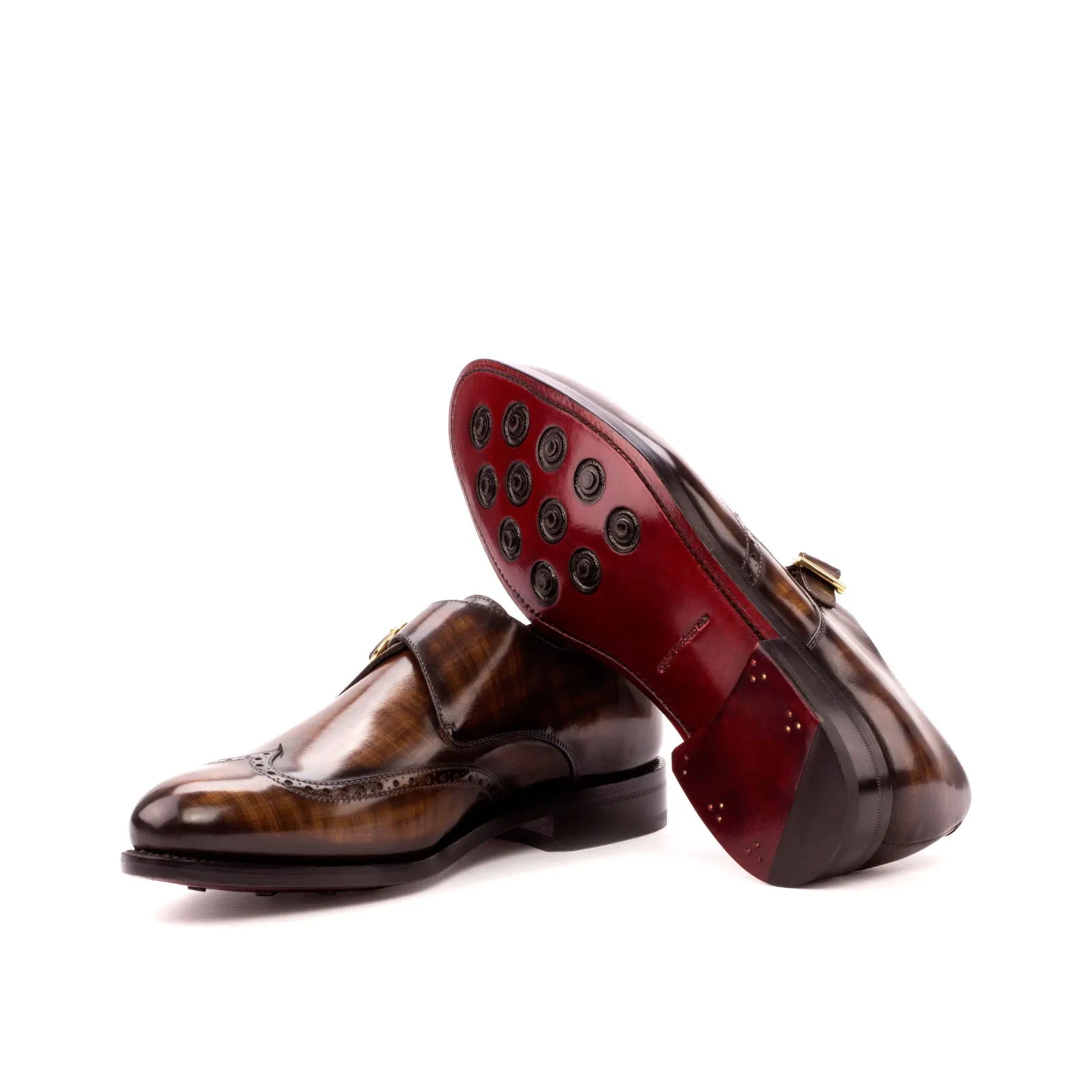 Men's Single Monk Shoes Patina Leather Goodyear Welt Wide Plus Size Brown 3527