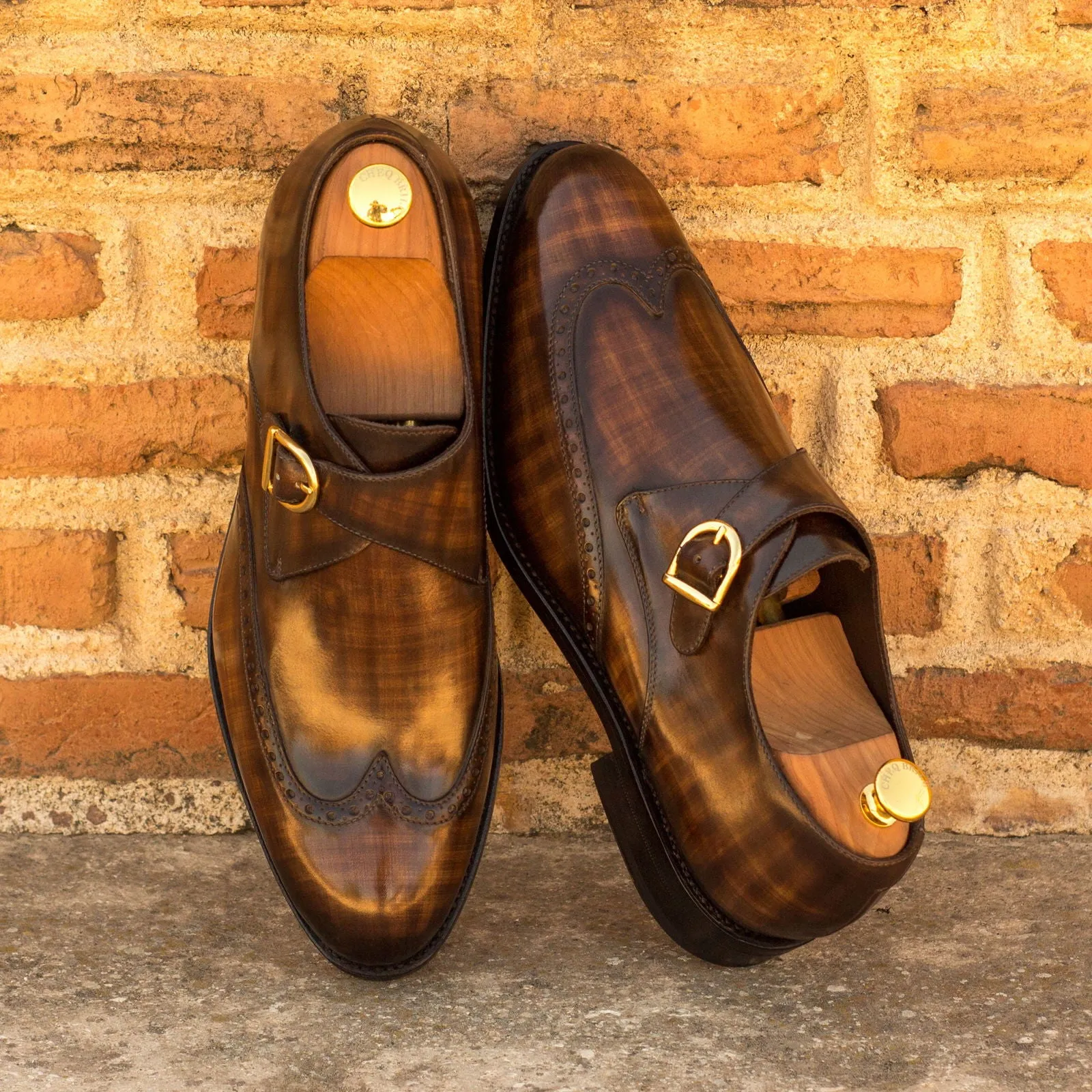Men's Single Monk Shoes Patina Leather Goodyear Welt Wide Plus Size Brown 3527