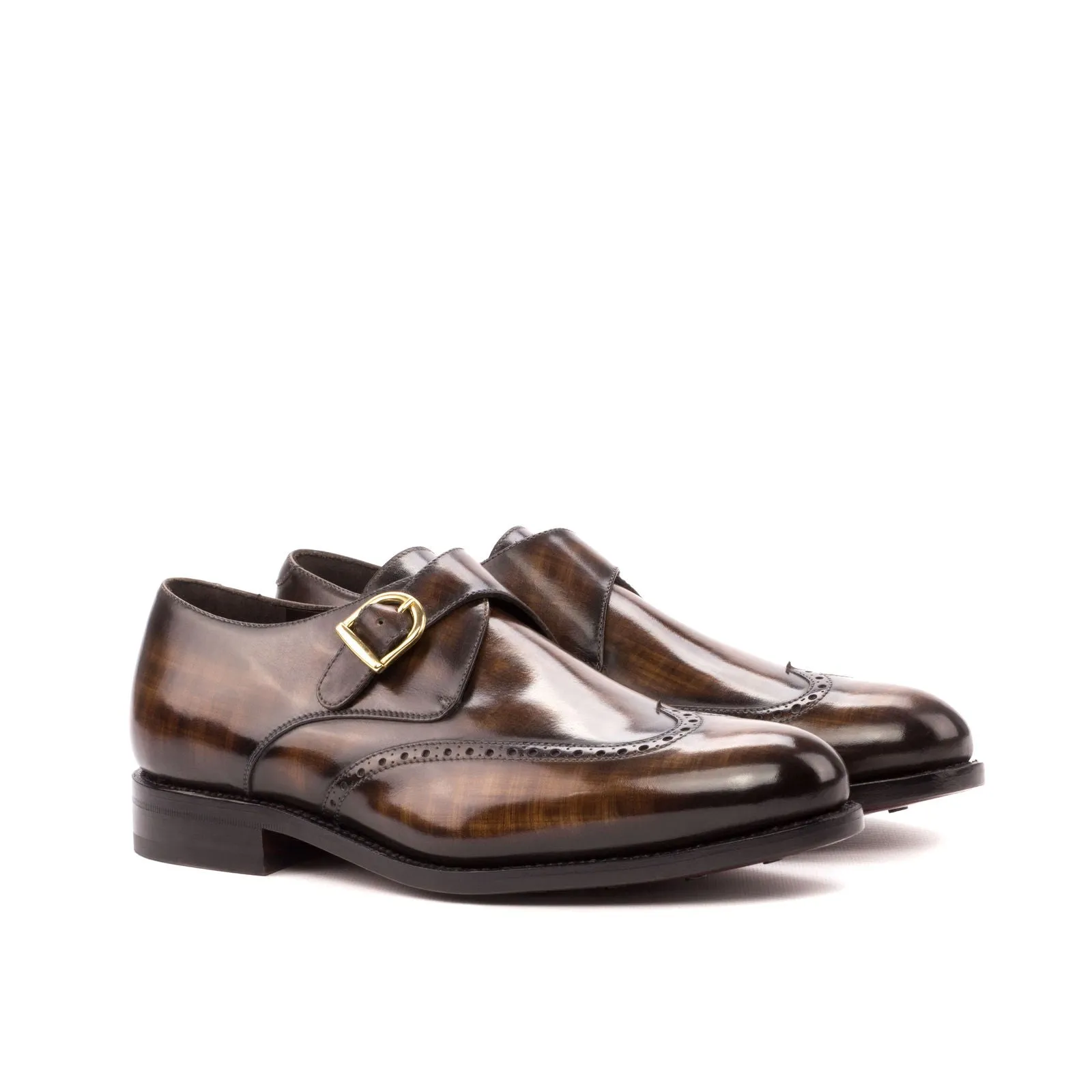 Men's Single Monk Shoes Patina Leather Goodyear Welt Wide Plus Size Brown 3527