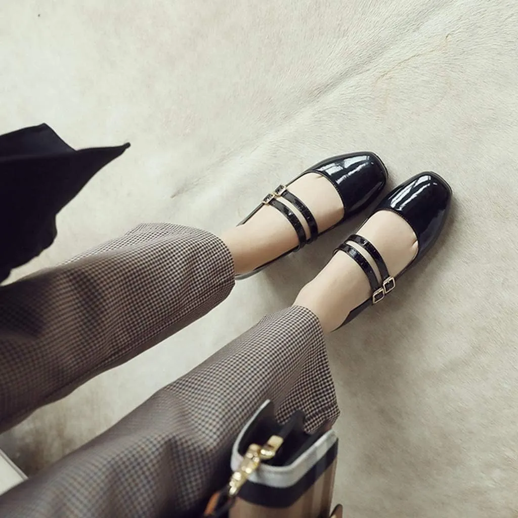 MIOKE Women's Mary Jane Pump Oxford Retro Square Toe Patent Leather Buckle Strap Chunky Mid Heel Dress Shoes
