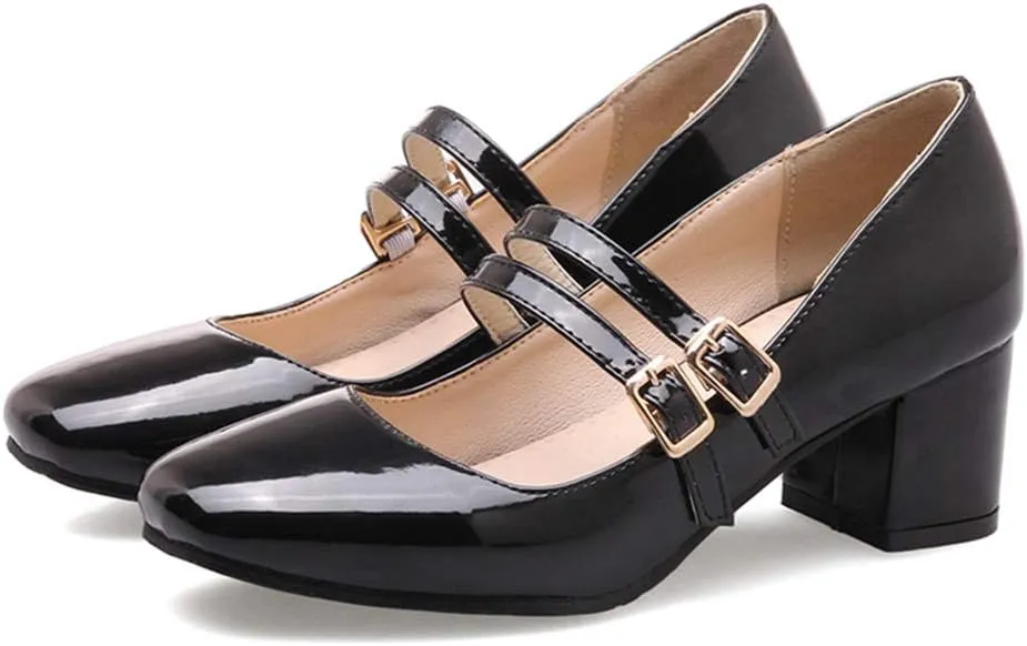 MIOKE Women's Mary Jane Pump Oxford Retro Square Toe Patent Leather Buckle Strap Chunky Mid Heel Dress Shoes