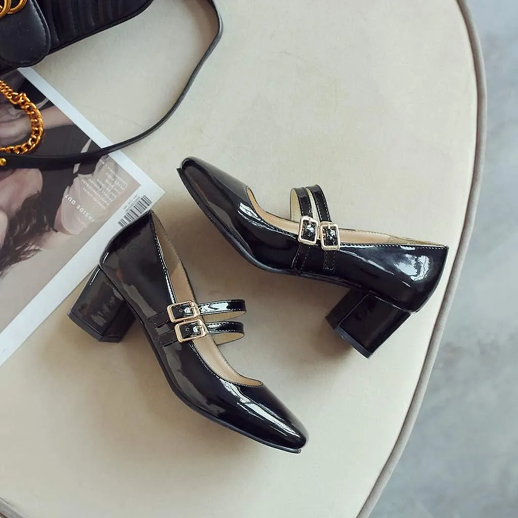 MIOKE Women's Mary Jane Pump Oxford Retro Square Toe Patent Leather Buckle Strap Chunky Mid Heel Dress Shoes