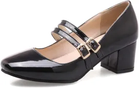 MIOKE Women's Mary Jane Pump Oxford Retro Square Toe Patent Leather Buckle Strap Chunky Mid Heel Dress Shoes
