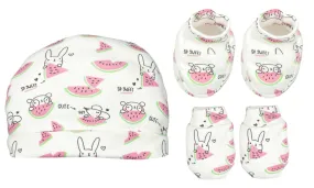 Mittens, Booties And Cap Set- Summer Melon