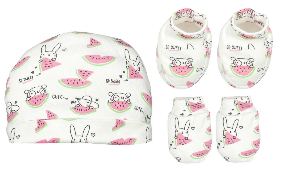 Mittens, Booties And Cap Set- Summer Melon