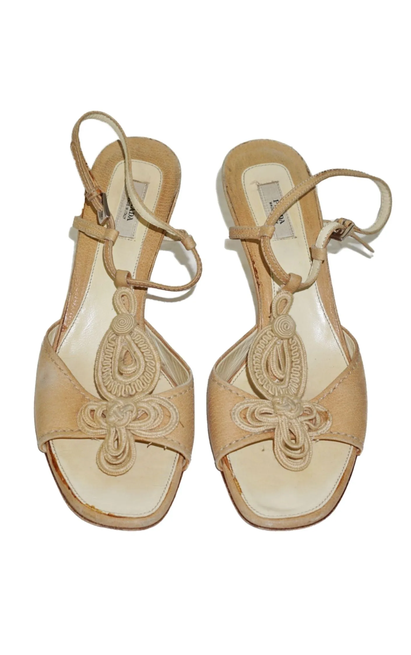 PRADA Beige Crochet Ankle Strap Heeled Sandals