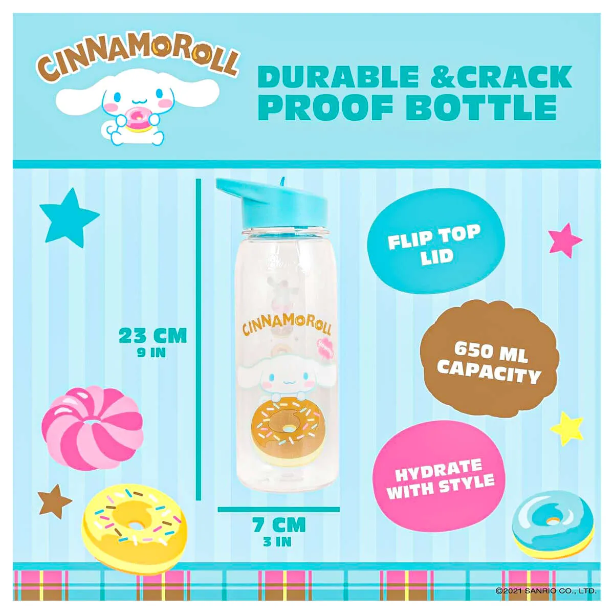 Sanrio Cinnamoroll Flip Top Water Bottle 650ml
