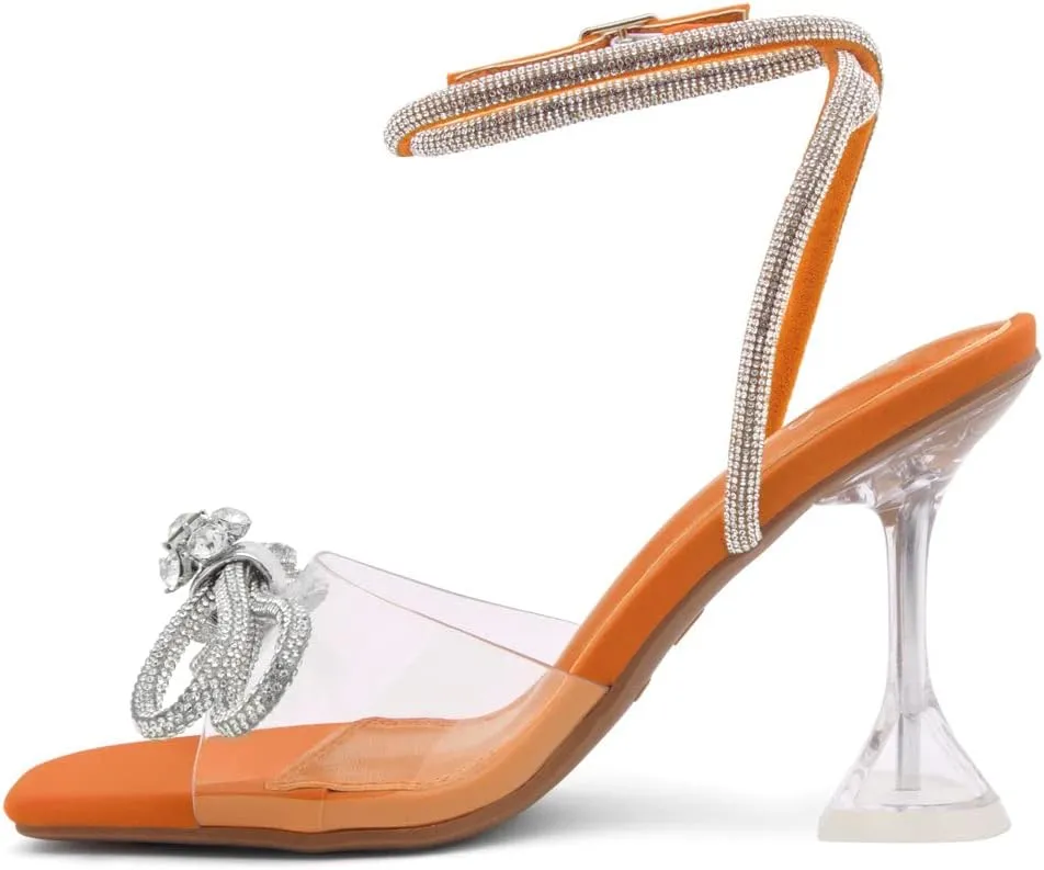 Shoe Land SL-NAOMI Women's Double Bowknots Crystal Sandals, Clear Slingback Heels with Square Open Toe – Dressy Rhinestone High Heels for Party Wedding and Prom