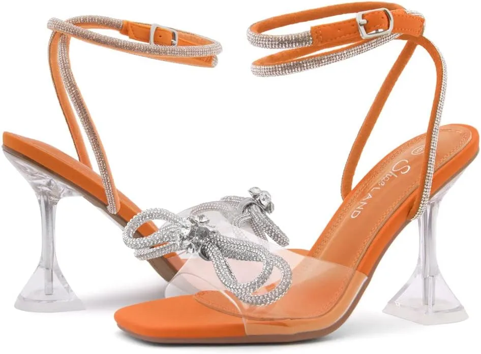 Shoe Land SL-NAOMI Women's Double Bowknots Crystal Sandals, Clear Slingback Heels with Square Open Toe – Dressy Rhinestone High Heels for Party Wedding and Prom