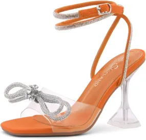 Shoe Land SL-NAOMI Women's Double Bowknots Crystal Sandals, Clear Slingback Heels with Square Open Toe – Dressy Rhinestone High Heels for Party Wedding and Prom