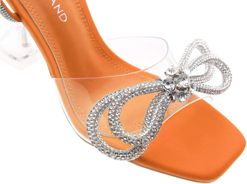 Shoe Land SL-NAOMI Women's Double Bowknots Crystal Sandals, Clear Slingback Heels with Square Open Toe – Dressy Rhinestone High Heels for Party Wedding and Prom