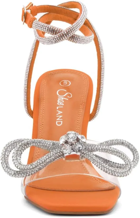 Shoe Land SL-NAOMI Women's Double Bowknots Crystal Sandals, Clear Slingback Heels with Square Open Toe – Dressy Rhinestone High Heels for Party Wedding and Prom