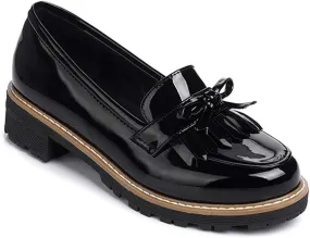 VOKLIN Women's Classic Tassels Flat Oxford Shoes Patent Leather Slip On Low Heel Bowtie School Penny Loafers