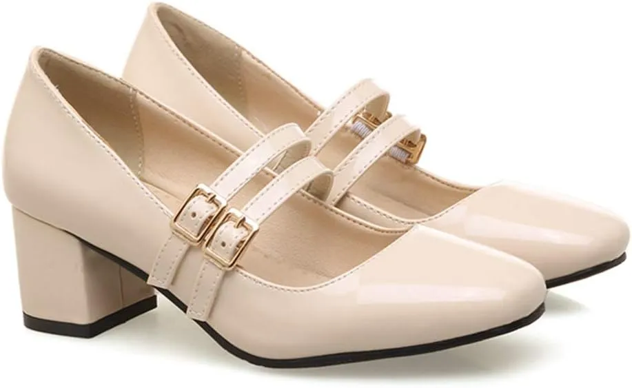 VOKLIN Women's Mary Jane Pump Oxford Retro Square Toe Buckle Strap Patent Leather Chunky Mid Heel Dress Shoes