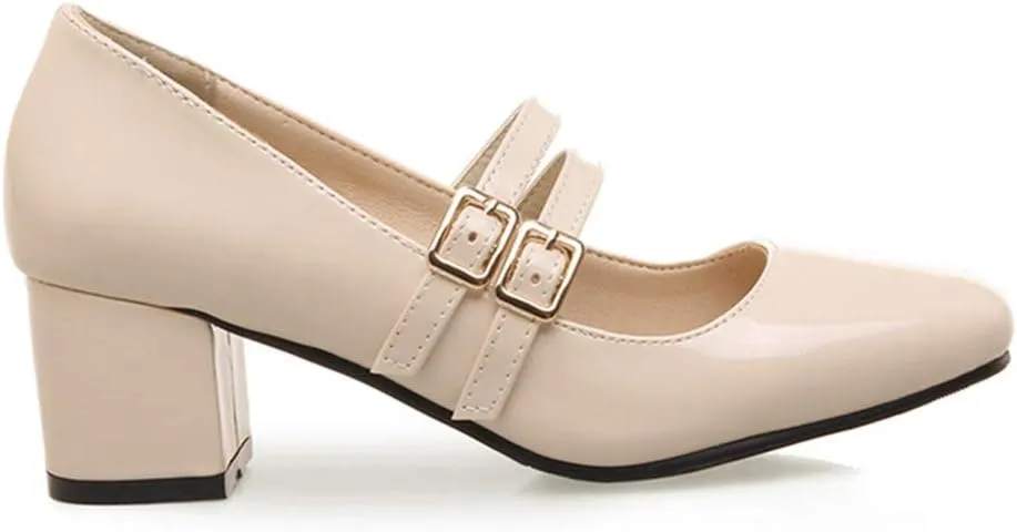 VOKLIN Women's Mary Jane Pump Oxford Retro Square Toe Buckle Strap Patent Leather Chunky Mid Heel Dress Shoes