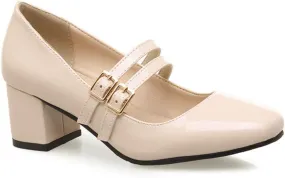 VOKLIN Women's Mary Jane Pump Oxford Retro Square Toe Buckle Strap Patent Leather Chunky Mid Heel Dress Shoes