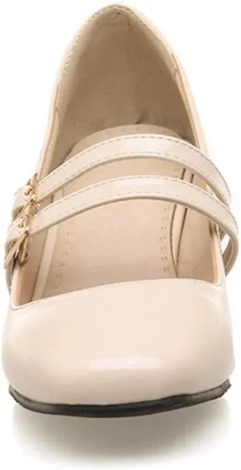 VOKLIN Women's Mary Jane Pump Oxford Retro Square Toe Buckle Strap Patent Leather Chunky Mid Heel Dress Shoes