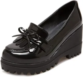 VOKLIN Women's Platform Wedge Tassel Oxford Pumps Slip On Patent Leather Chunky High Heel Fringed Dress Shoes