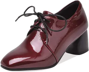 VOKLIN Women's Square Toe Lace Up Pump Oxford Patent Leather Chunky Mid Block Heel Western Dress Loafer Shoes