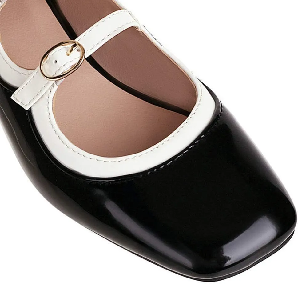 VOKLIN Women's Square Toe Mary Jane Oxford Shoes Patent Leather Buckle Strap Flat Low Heel Classic Dress Shoe