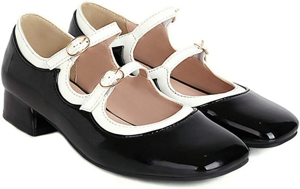 VOKLIN Women's Square Toe Mary Jane Oxford Shoes Patent Leather Buckle Strap Flat Low Heel Classic Dress Shoe