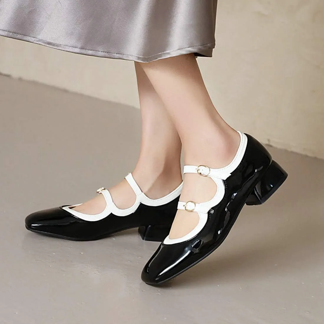 VOKLIN Women's Square Toe Mary Jane Oxford Shoes Patent Leather Buckle Strap Flat Low Heel Classic Dress Shoe
