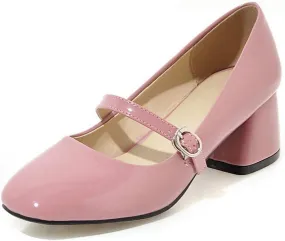 VOKLIN Women's Square Toe Mary Jane Pump Oxford Patent Leather Buckle Strap Chunky Mid Heel Retro Dress Shoes