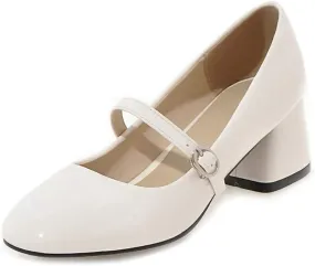 VOKLIN Women's Square Toe Mary Jane Pump Oxford Patent Leather Buckle Strap Chunky Mid Heel Retro Dress Shoes