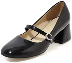 VOKLIN Women's Square Toe Mary Jane Pump Oxford Patent Leather Buckle Strap Chunky Mid Heel Retro Dress Shoes