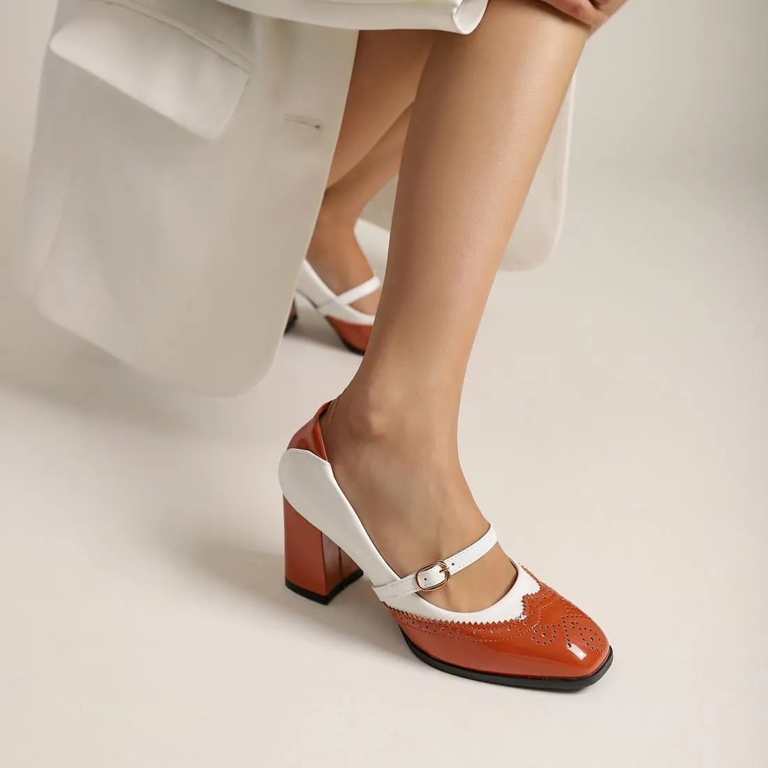 VOKLIN Women's Square Toe Penny Loafer Pump Slip On Patent Leather Block Mid Heel Classic Dress Oxford Shoes