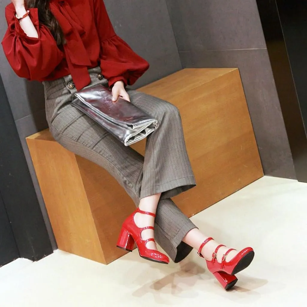 Women's Chunky High Heels Mary Jane Pumps Round Toe Buckle Strappy Patent Leather Elegant Dress Shoes