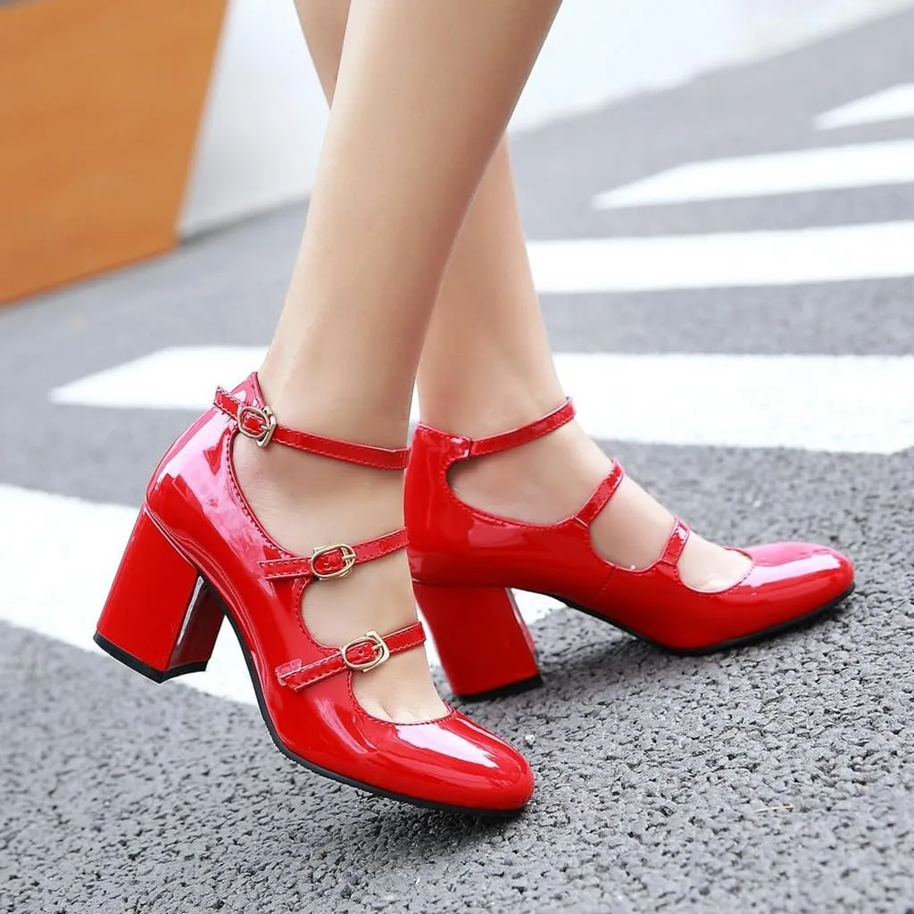 Women's Chunky High Heels Mary Jane Pumps Round Toe Buckle Strappy Patent Leather Elegant Dress Shoes