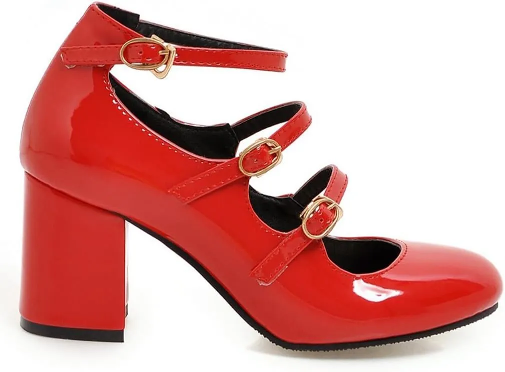 Women's Chunky High Heels Mary Jane Pumps Round Toe Buckle Strappy Patent Leather Elegant Dress Shoes