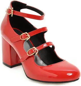 Women's Chunky High Heels Mary Jane Pumps Round Toe Buckle Strappy Patent Leather Elegant Dress Shoes