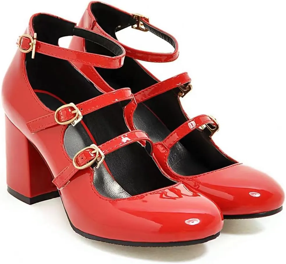 Women's Chunky High Heels Mary Jane Pumps Round Toe Buckle Strappy Patent Leather Elegant Dress Shoes
