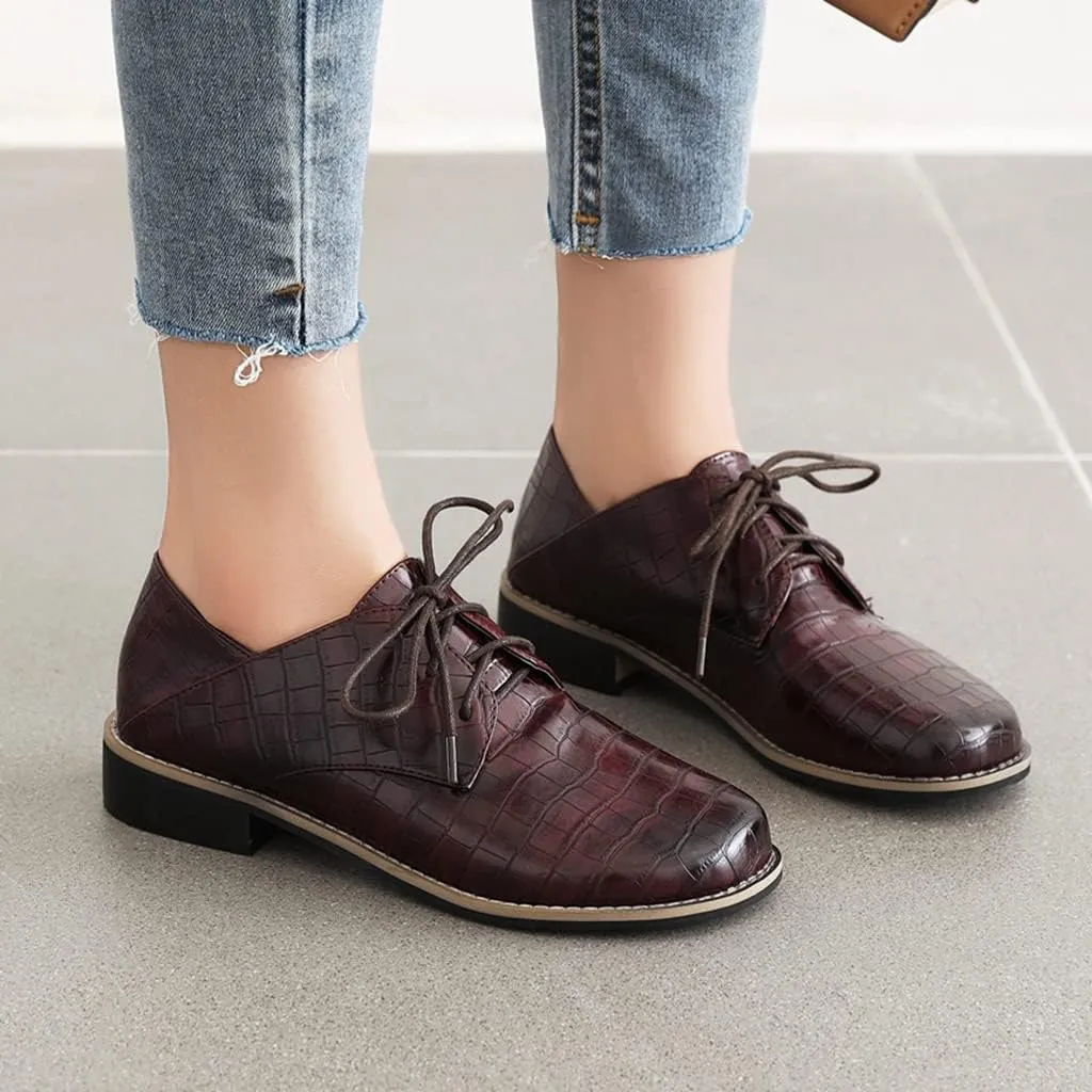 Women's Classic Lace Up Loafers Flats Round Toe Patent Leather Low Heel Work Office Dress Oxford Shoes