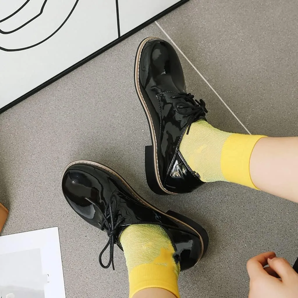 Women's Classic Lace Up Loafers Flats Round Toe Patent Leather Low Heel Work Office Dress Oxford Shoes