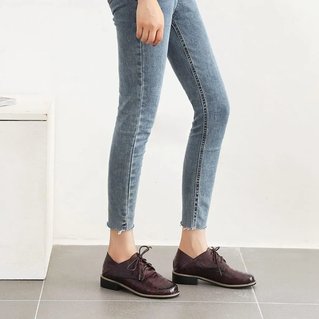 Women's Classic Lace Up Loafers Flats Round Toe Patent Leather Low Heel Work Office Dress Oxford Shoes