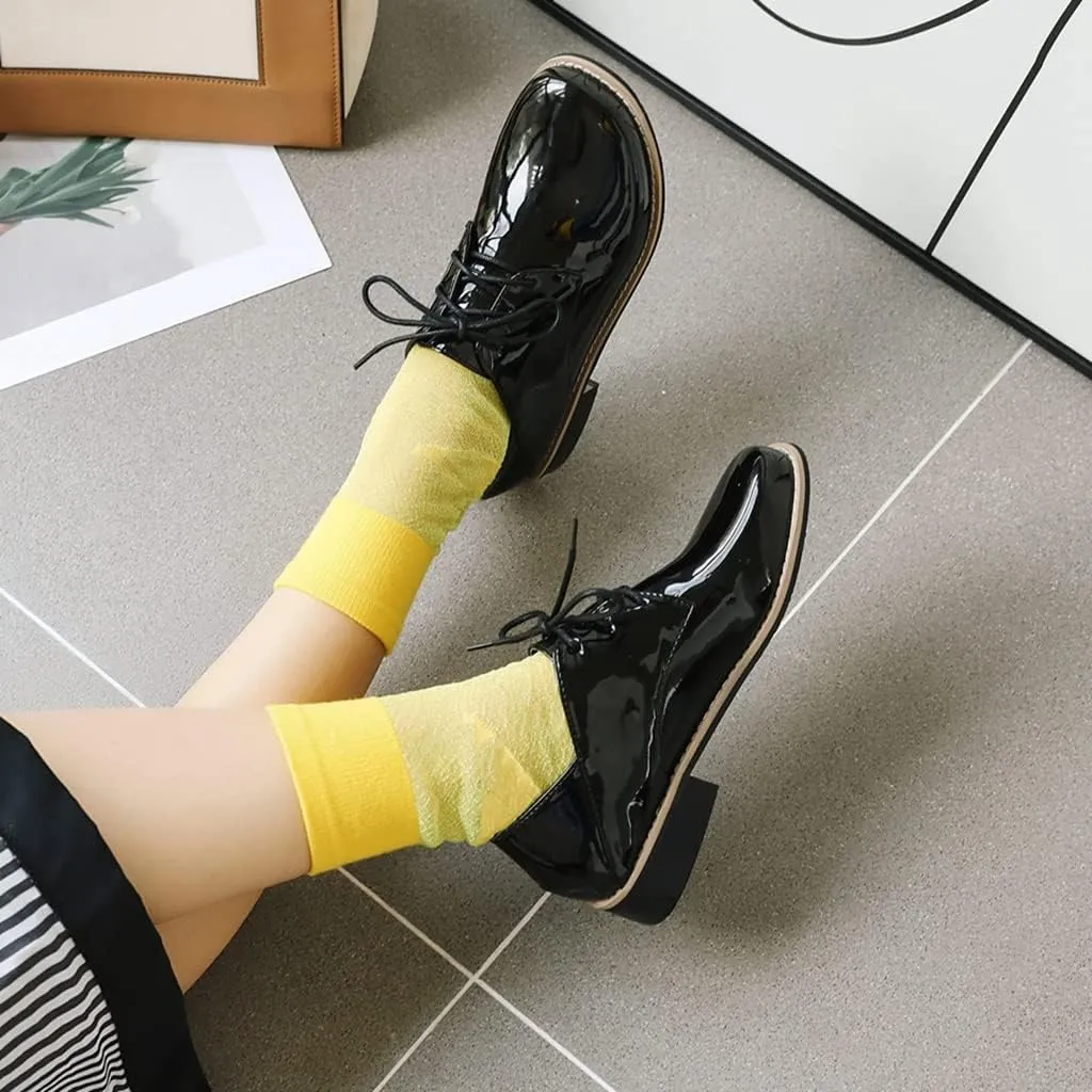 Women's Classic Lace Up Loafers Flats Round Toe Patent Leather Low Heel Work Office Dress Oxford Shoes