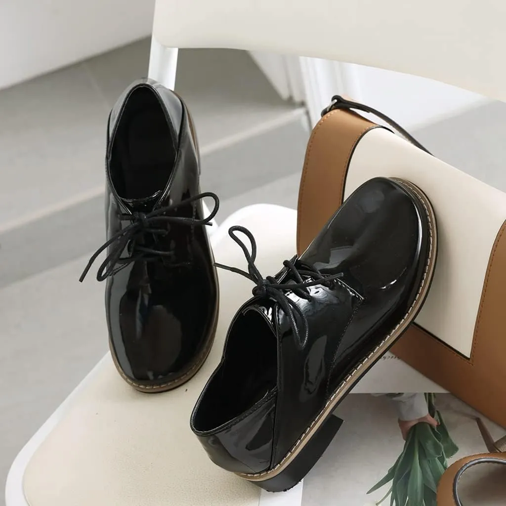 Women's Classic Lace Up Loafers Flats Round Toe Patent Leather Low Heel Work Office Dress Oxford Shoes