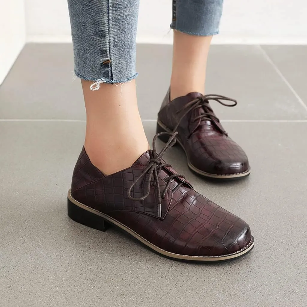 Women's Classic Lace Up Loafers Flats Round Toe Patent Leather Low Heel Work Office Dress Oxford Shoes