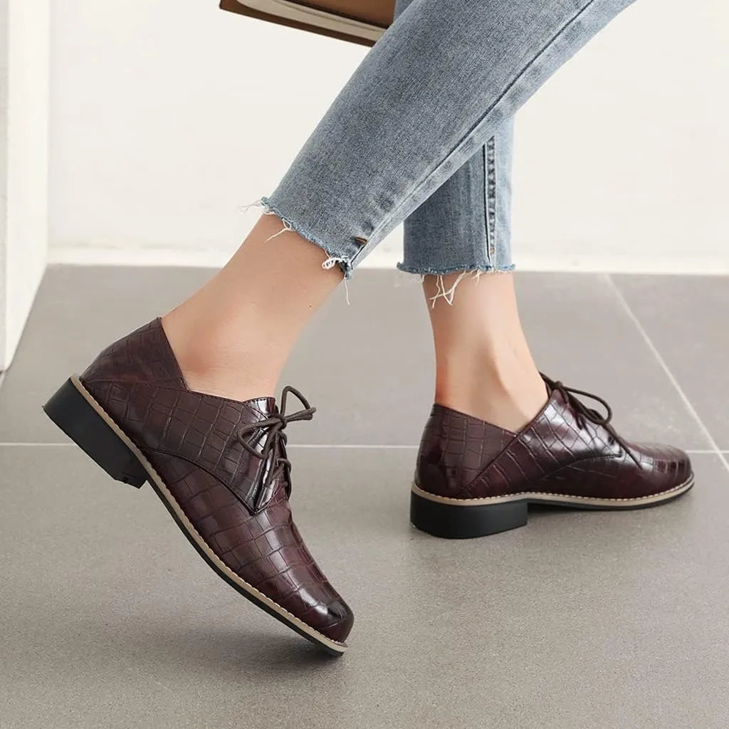 Women's Classic Lace Up Loafers Flats Round Toe Patent Leather Low Heel Work Office Dress Oxford Shoes