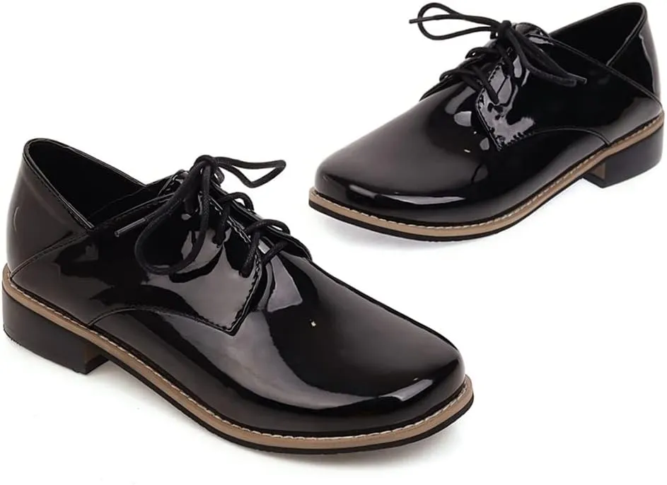 Women's Classic Lace Up Loafers Flats Round Toe Patent Leather Low Heel Work Office Dress Oxford Shoes