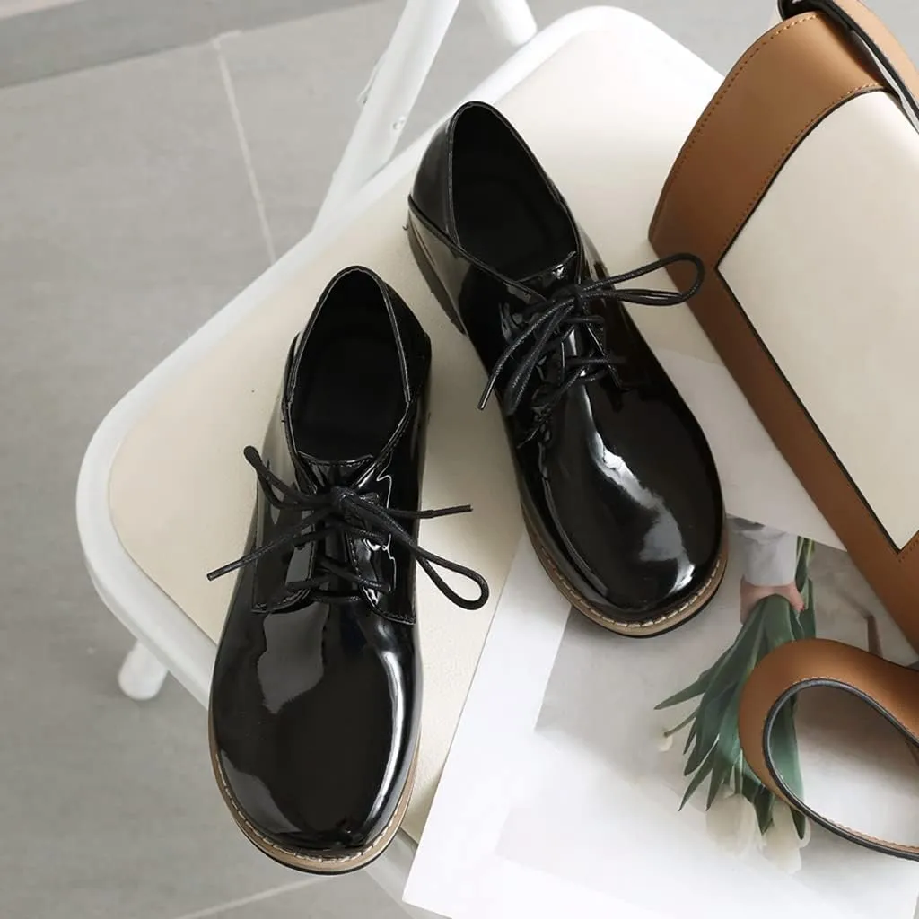 Women's Classic Lace Up Loafers Flats Round Toe Patent Leather Low Heel Work Office Dress Oxford Shoes